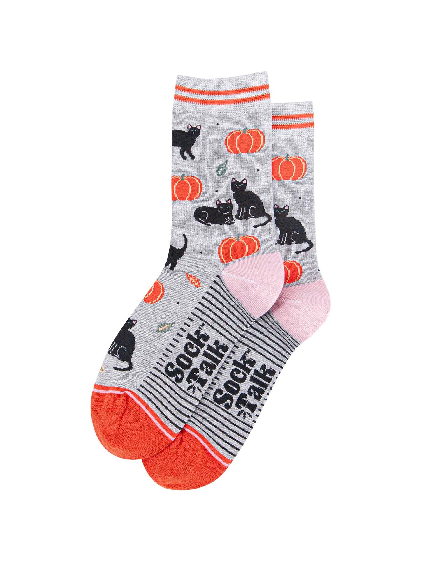 womens-bamboo-socks-light-grey-orange-cats-and-pumpkins-laying-flat