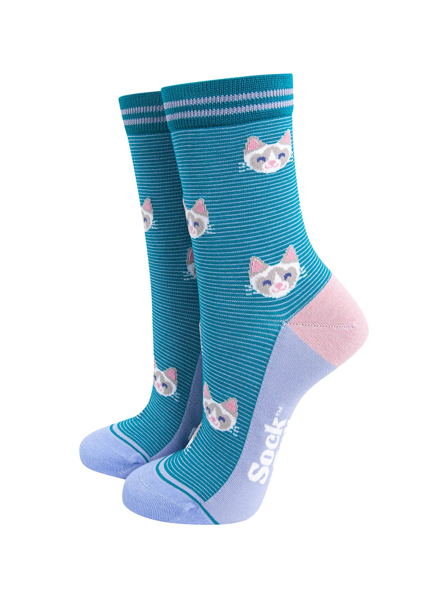 Cats-Striped-Bamboo-Socks-in-Teal-Mannequin