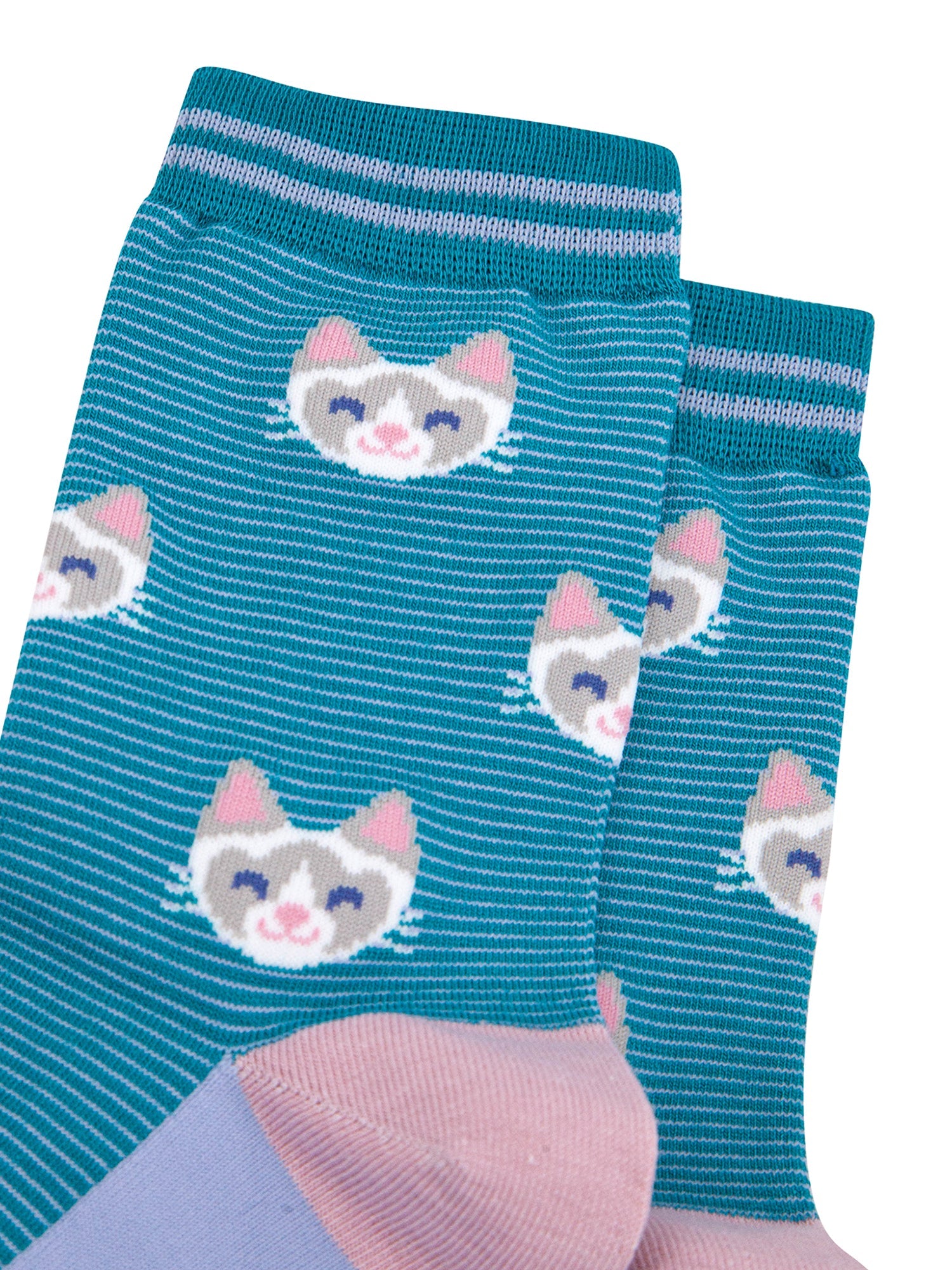 Cats-Striped-Bamboo-Socks-in-Teal-Closeup