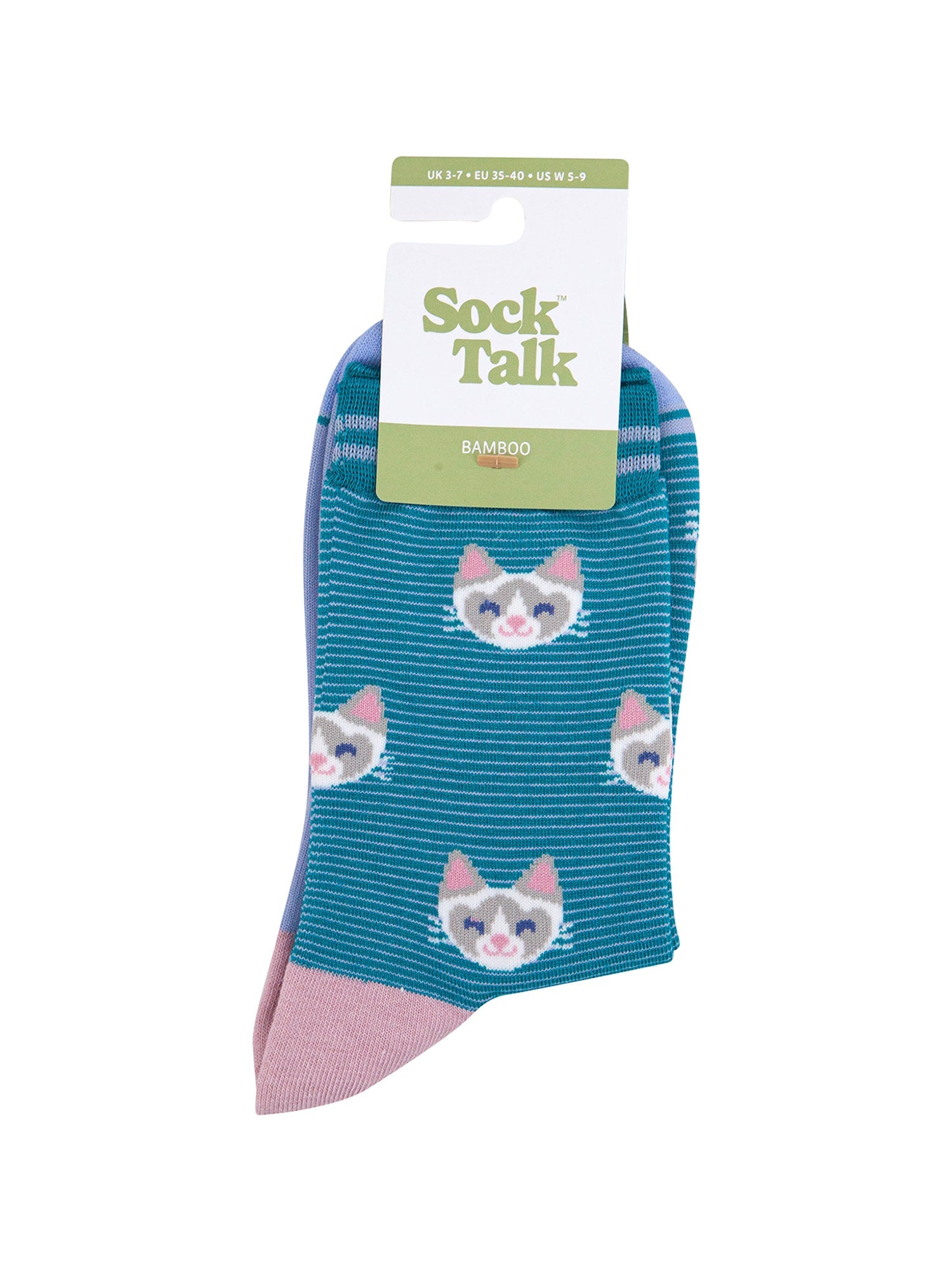 Cats-Striped-Bamboo-Socks-in-Teal-In-Packaging