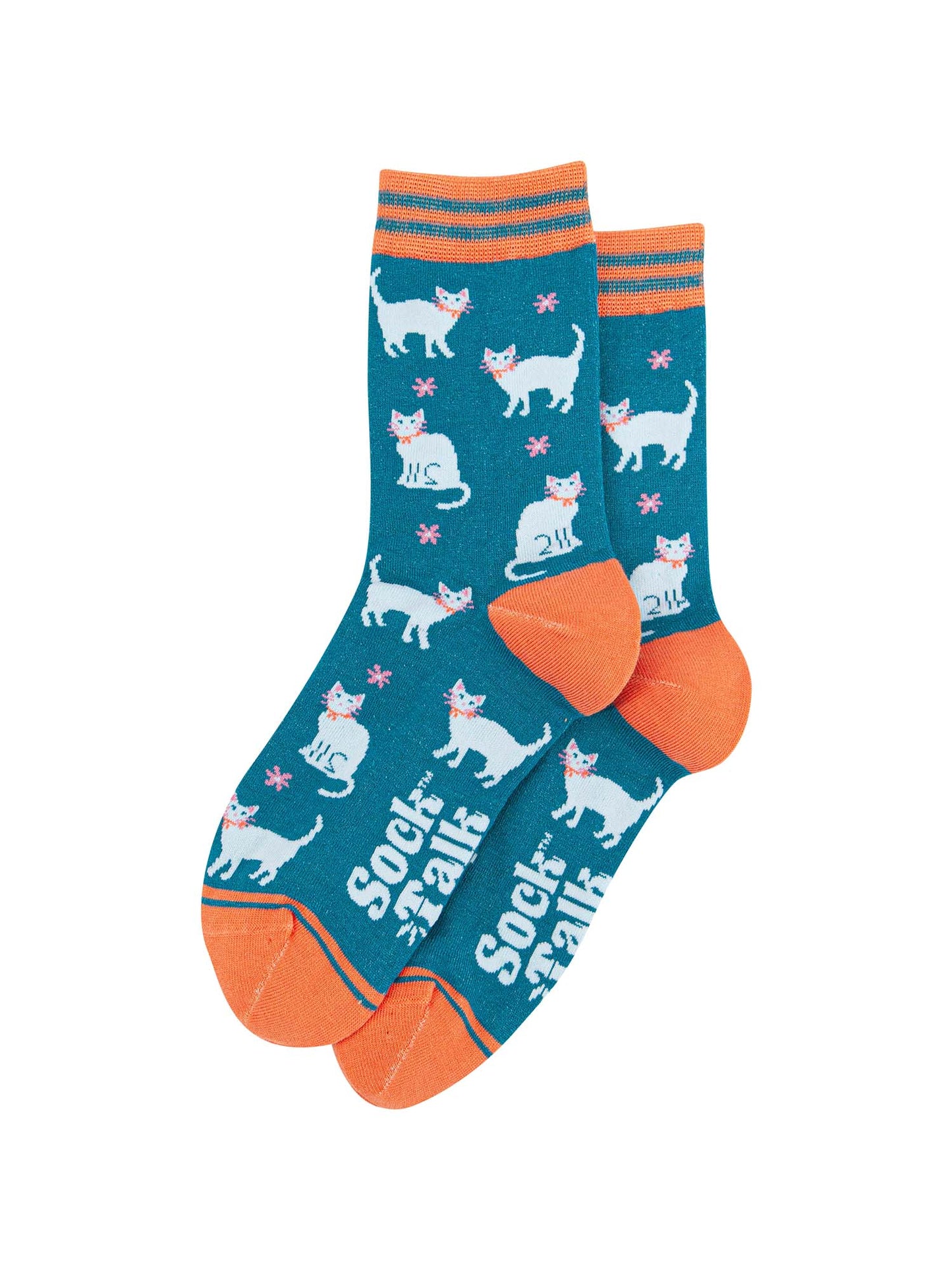 teal ankle socks with an pattern of white cats and pink flowers