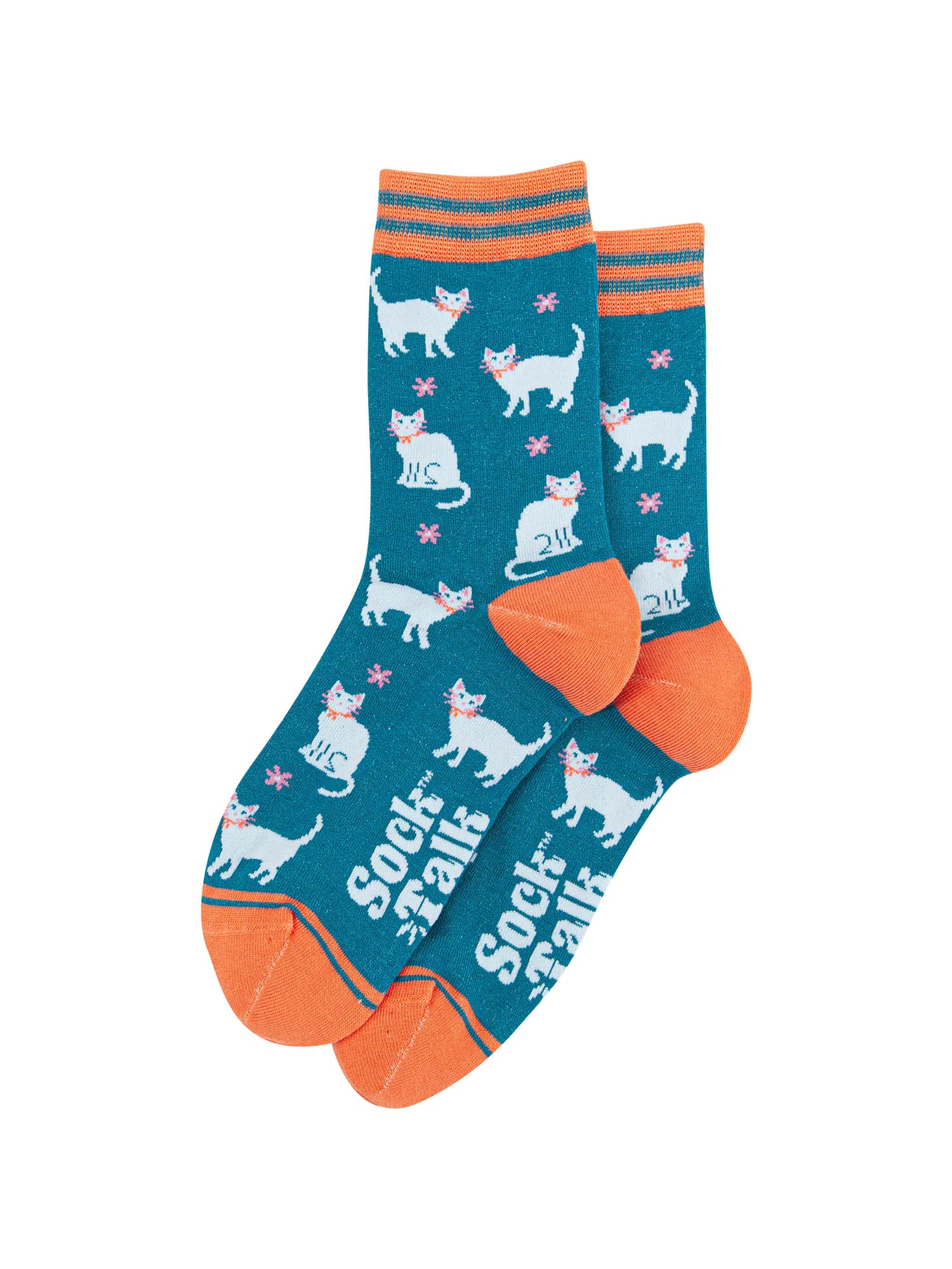 teal ankle socks with an pattern of white cats and pink flowers