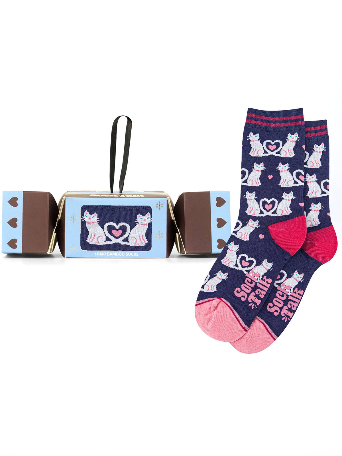 Cat-Heart-Tails-Bamboo-Crew-Socks-Christmas-Cracker-Gift-Box-In-Navy-Blue