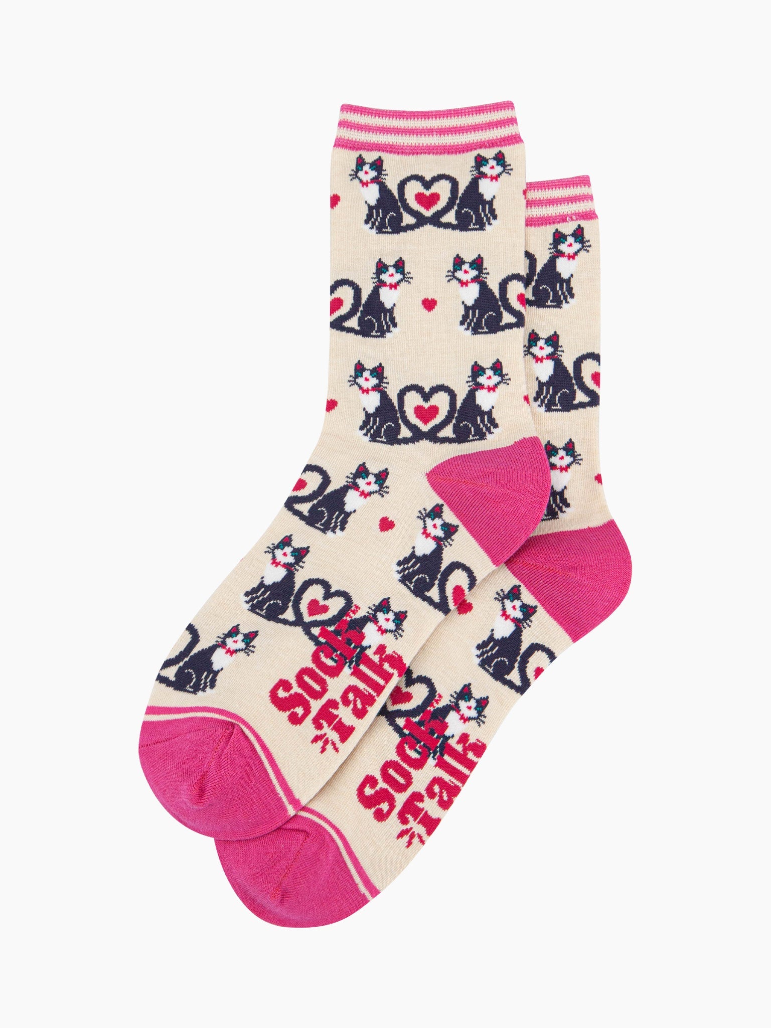 womens-bamboo-socks-cream-cats-love-heart-tails-laying-flat-showing-the-pattern-covering-the-whole-design