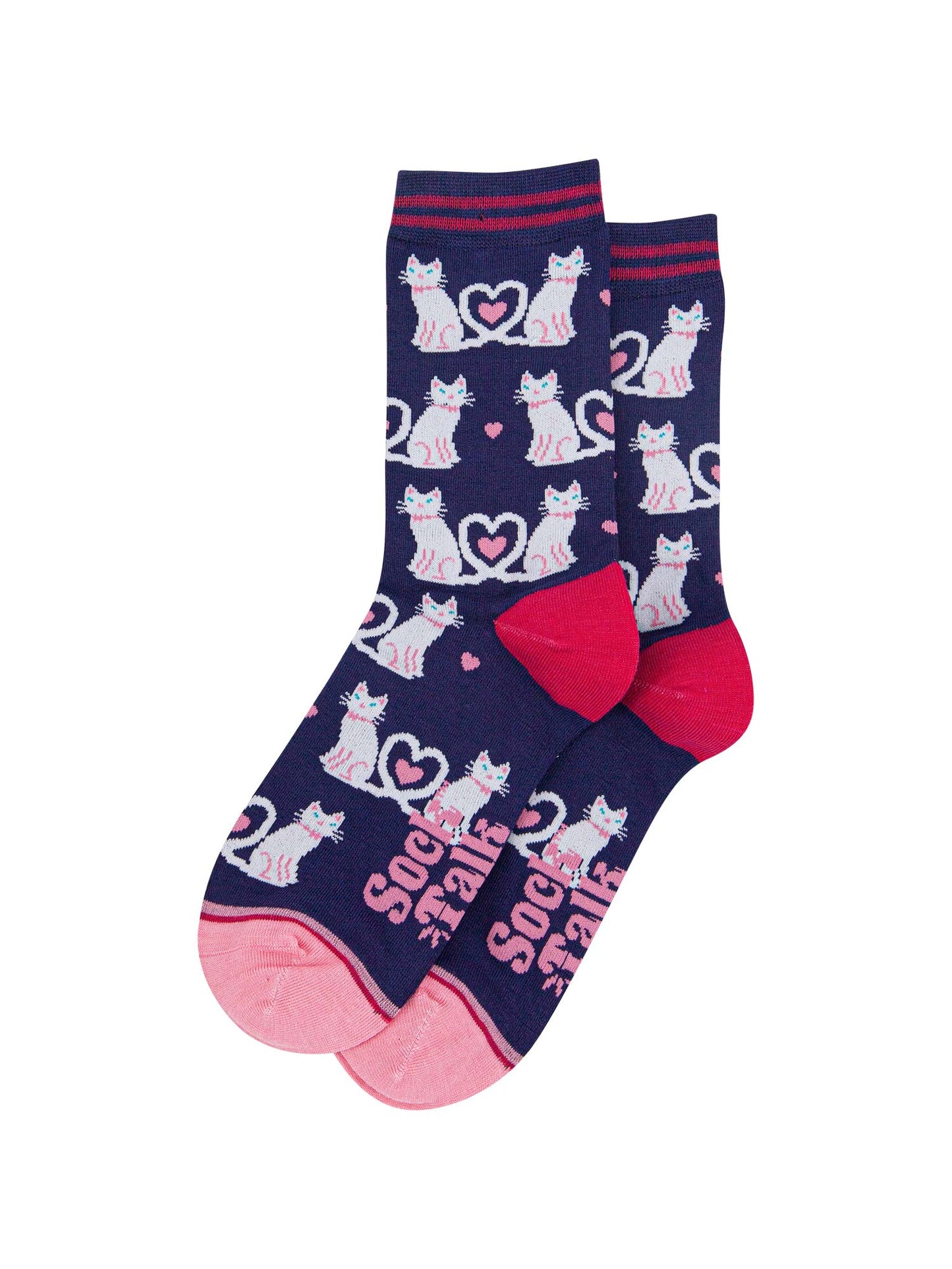 womens-bamboo-socks-navy-blue-white-cats-laying-flat