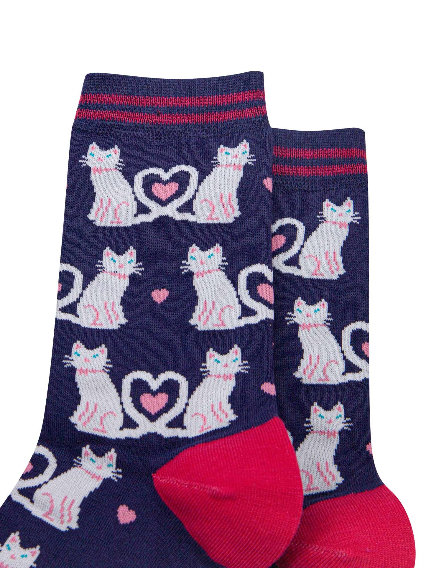 womens-bamboo-socks-navy-blue-white-cats-close-up