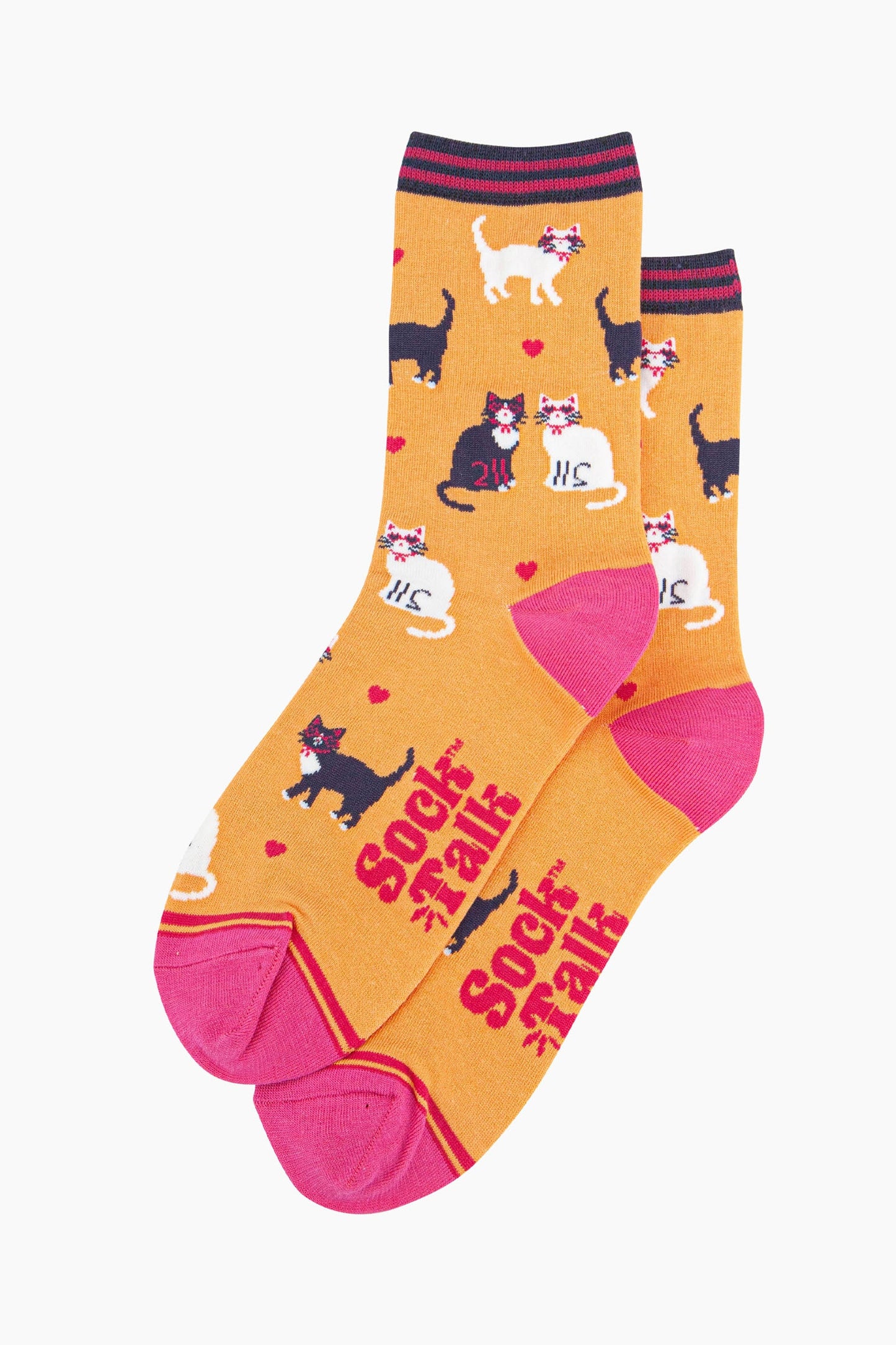 womens-bamboo-socks-orange-cats-and-love-hearts-laying-flat