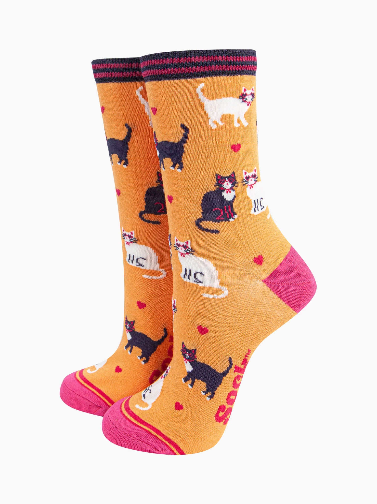 womens-bamboo-socks-orange-cats-and-love-hearts-pattern-white-cats-black-cats-pink-hearts