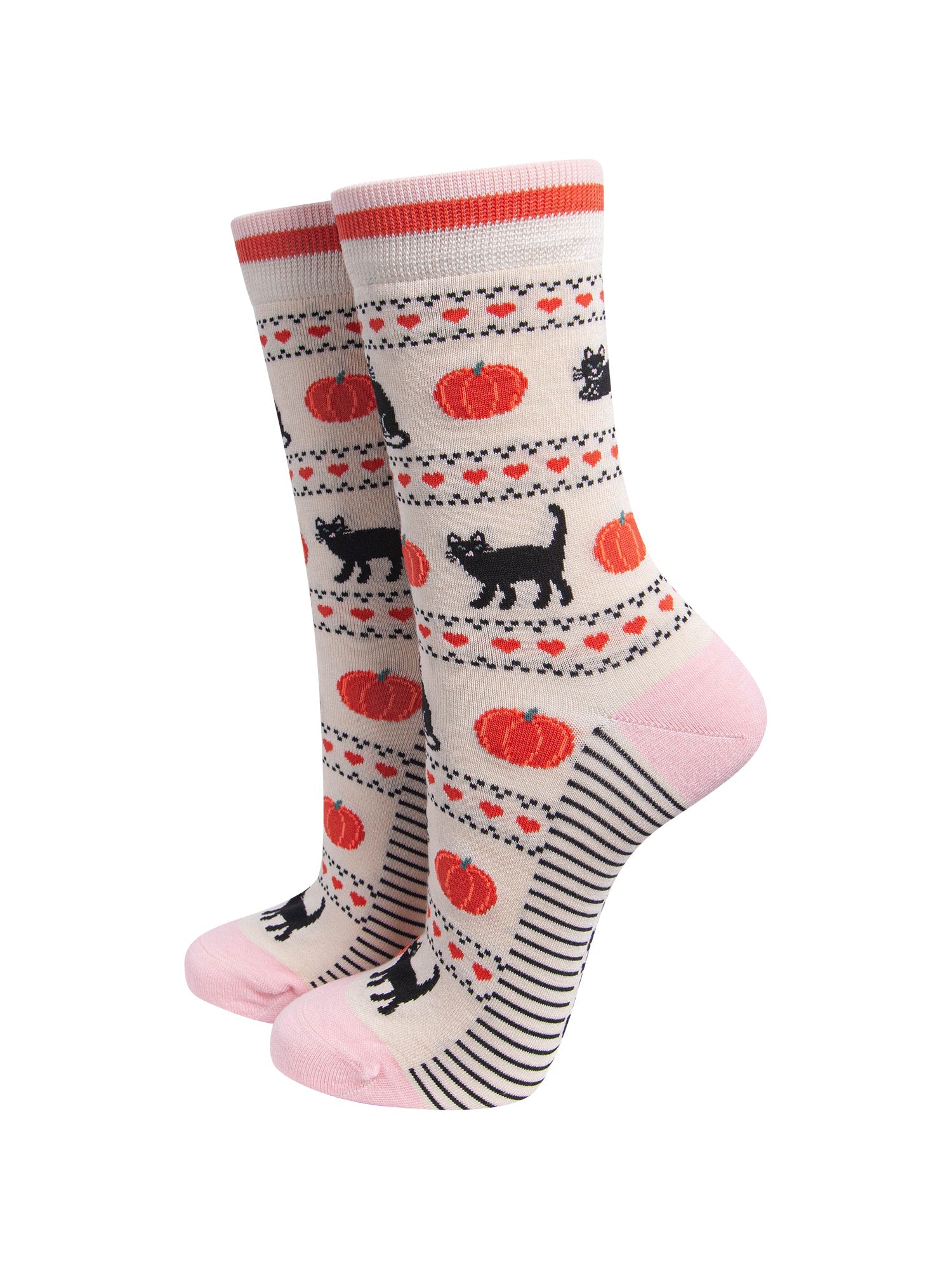 Black-Cat-&-Pumpkin-Women's-Bamboo-Socks-in-Cream-On-Mannequin