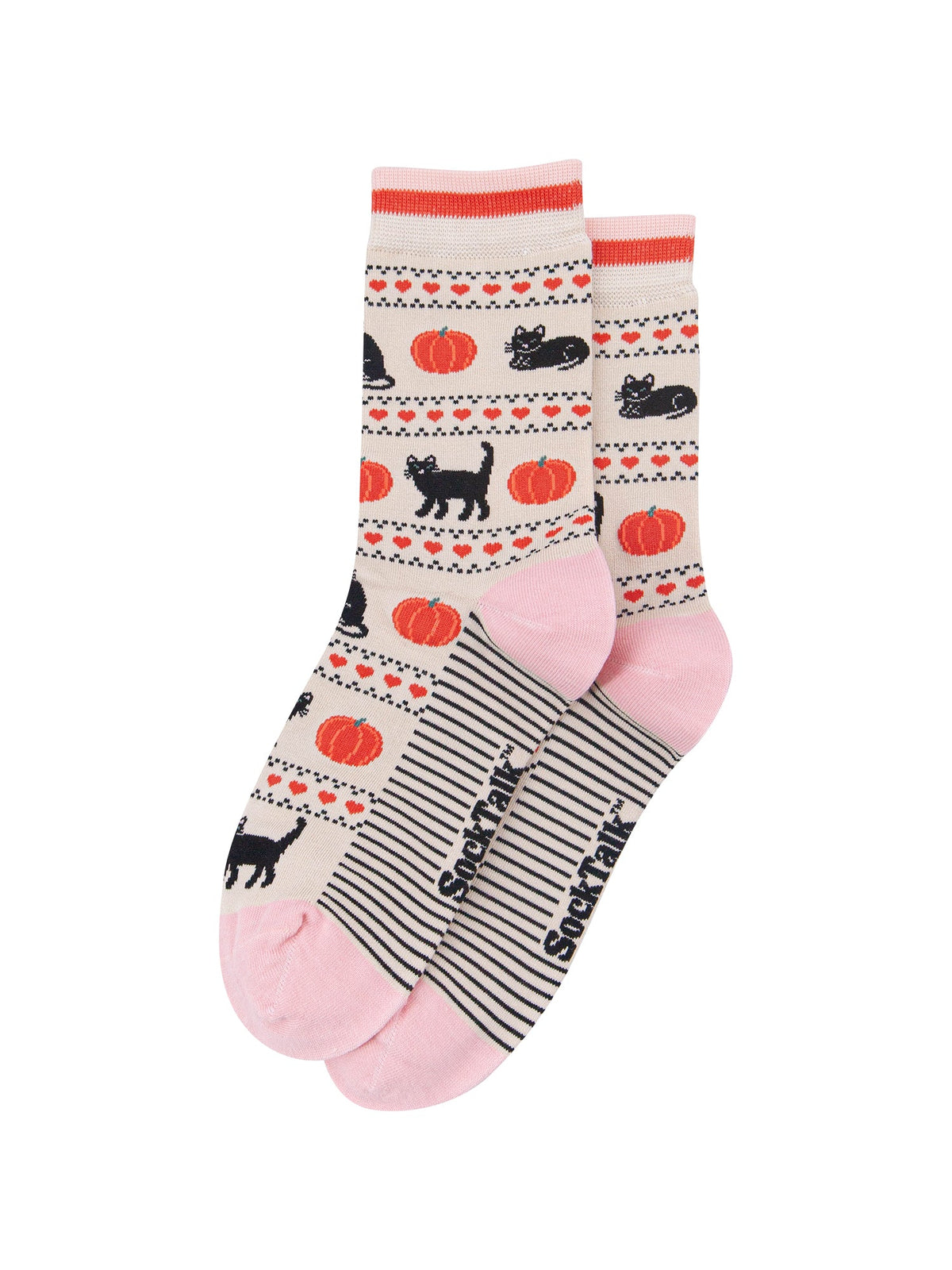 Black-Cat-&-Pumpkin-Women's-Bamboo-Socks-in-Cream-Laid-Flat