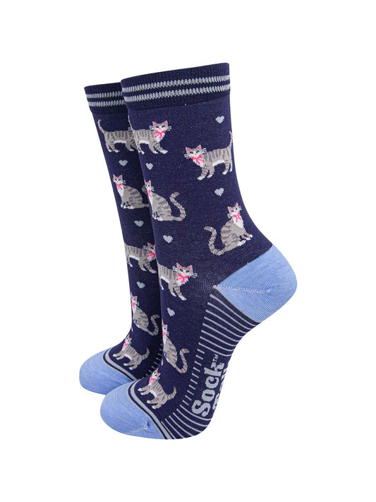 womens-bamboo-socks-navy-blue-light-blue-grey-tabby-cats-pets-animals