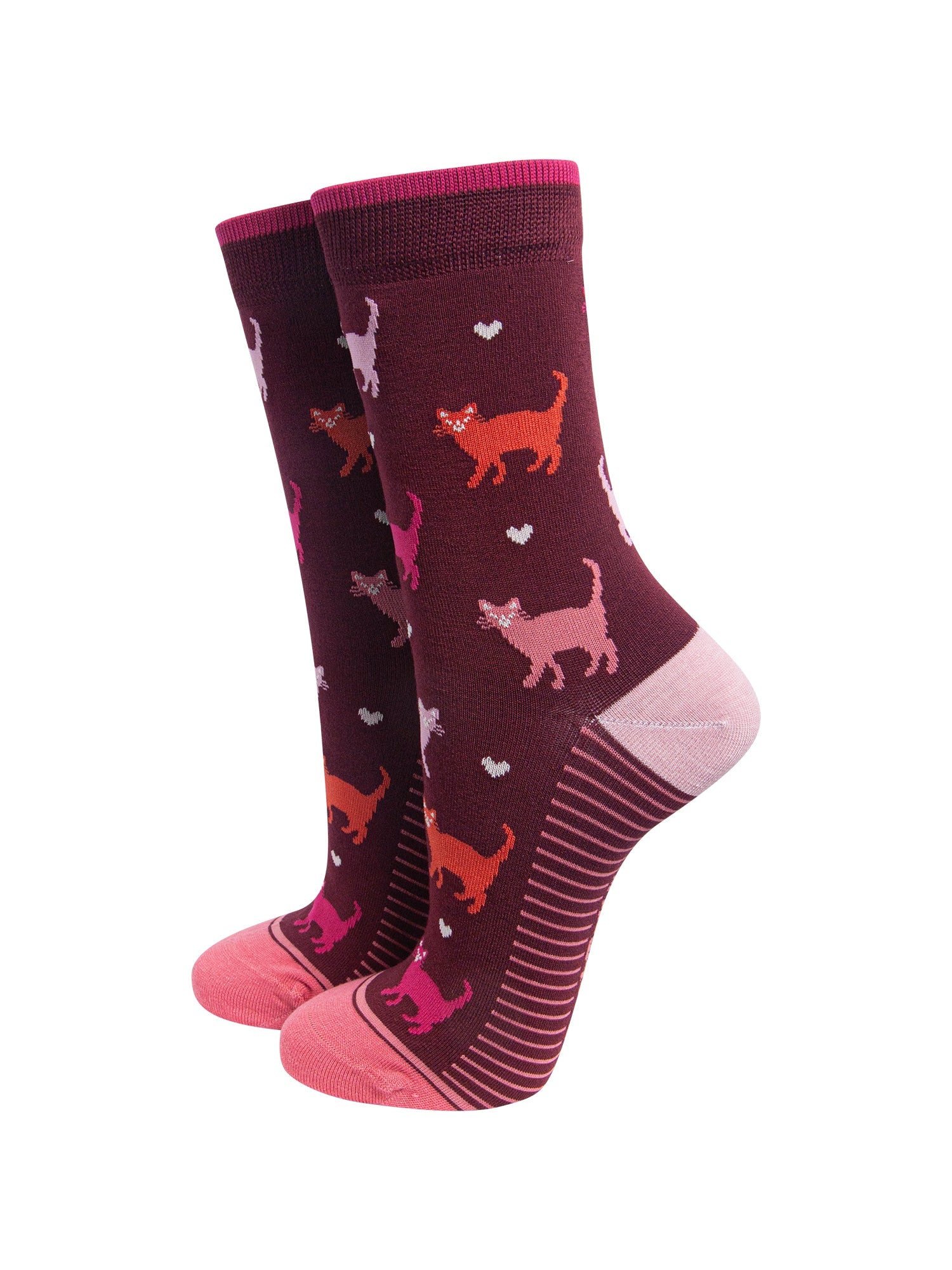 Multi-Cat-Women's-Bamboo-Socks-in-Burgundy-On-Mannequin