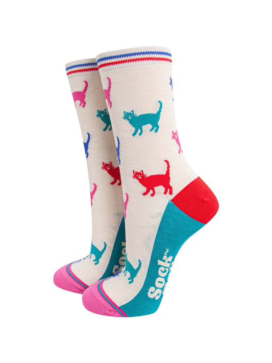 womens-bamboo-socks-cream-multi-cats-colourful-cat-pattern