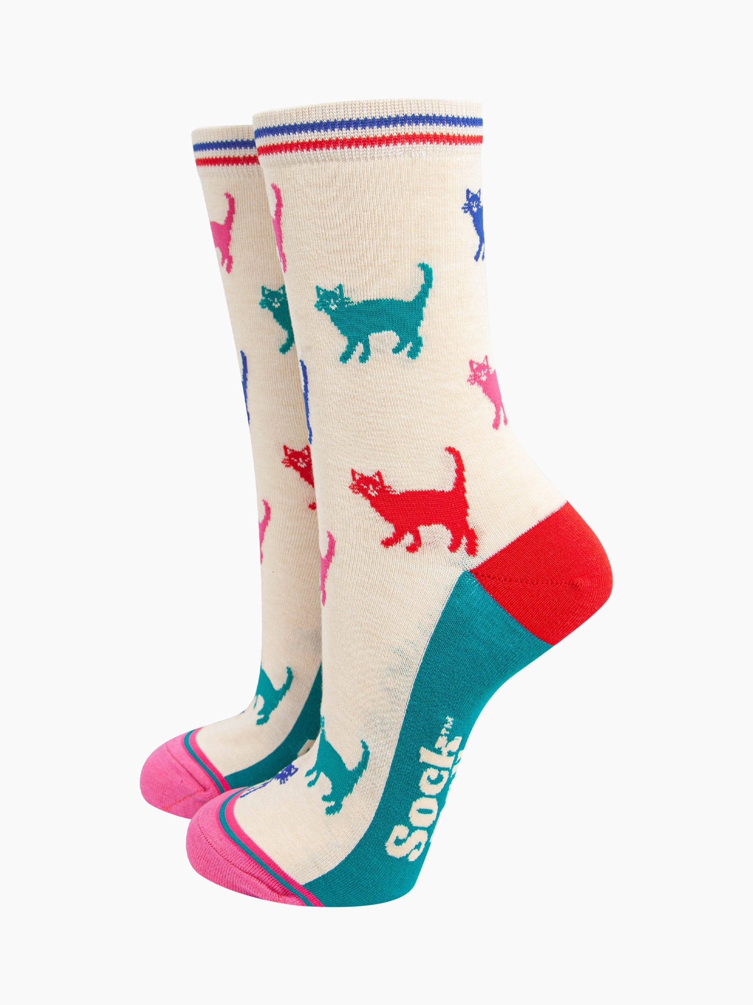 womens-bamboo-socks-cream-multi-cats-colourful-cat-pattern