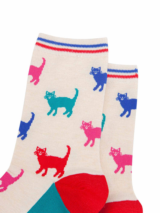 womens-bamboo-socks-cream-multi-cats-close-up-cats-are-blue-pink-red-turquoise-and-cover-the-full-design