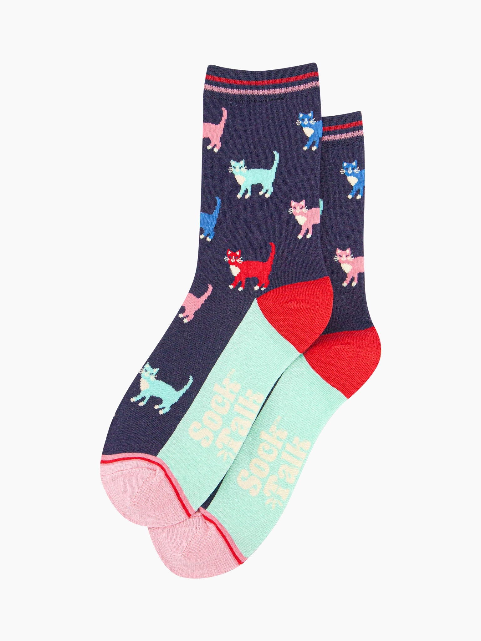 womens-bamboo-socks-navy-multi-cats-laying-flat