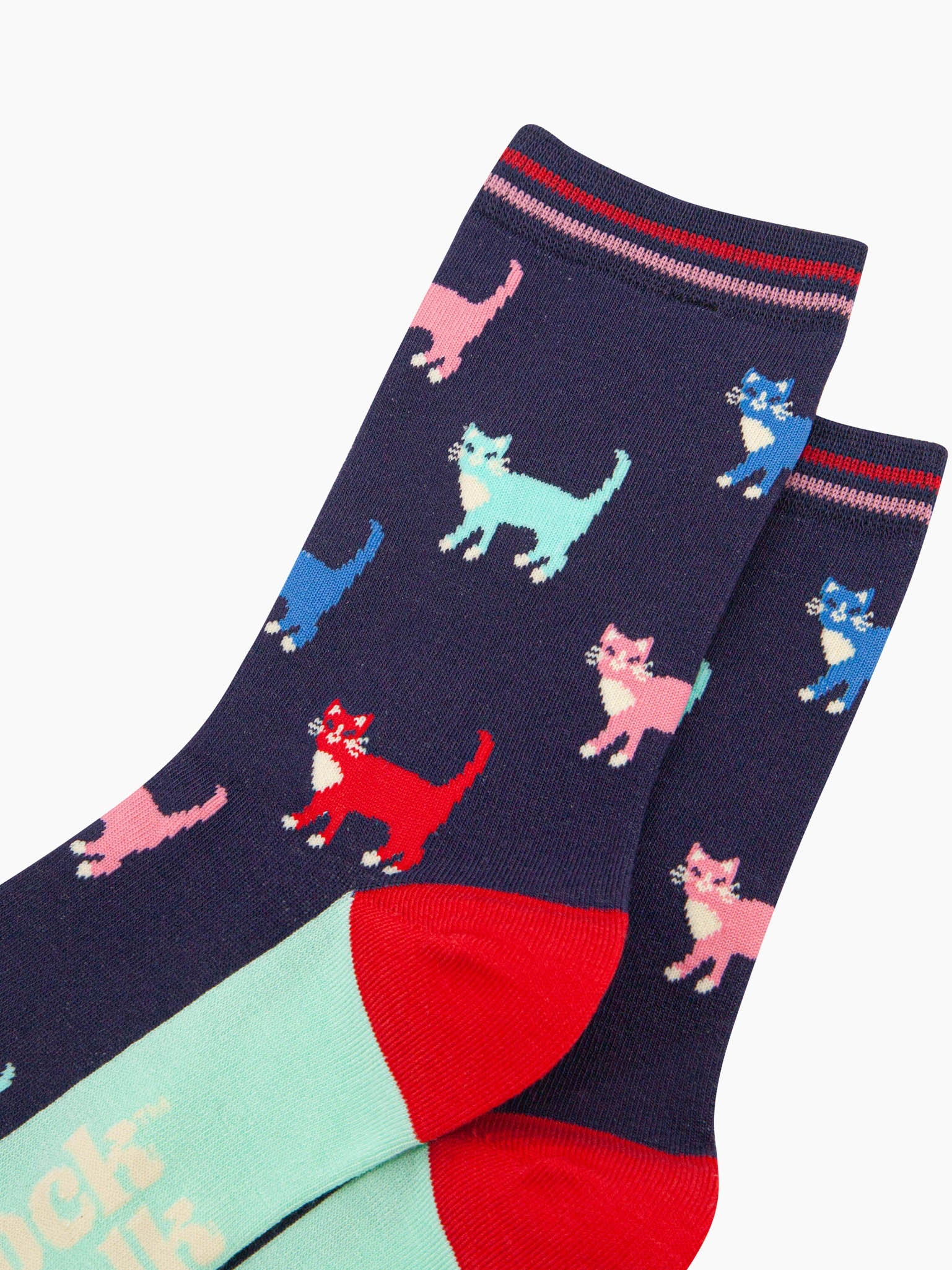 womens-bamboo-socks-navy-multi-cats-close-up-red-blue-pink-turquoise-colourful