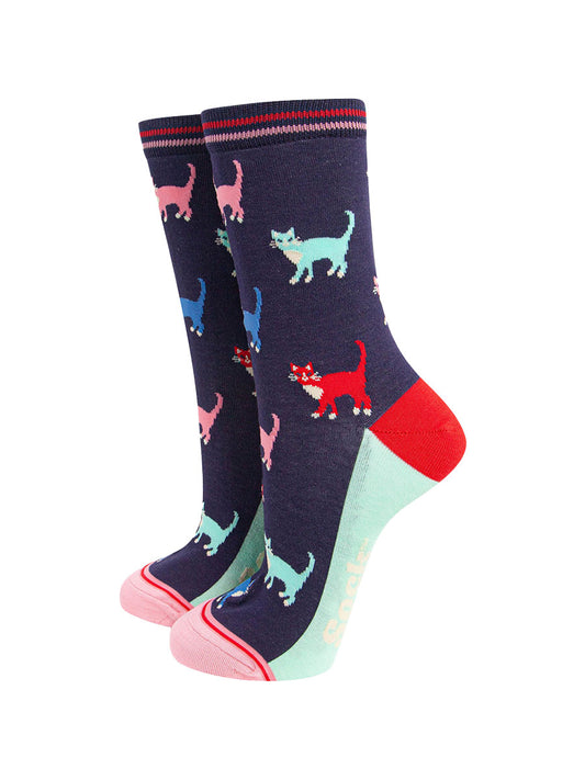 womens-bamboo-socks-navy-multi-cats-colourful-pattern-animals