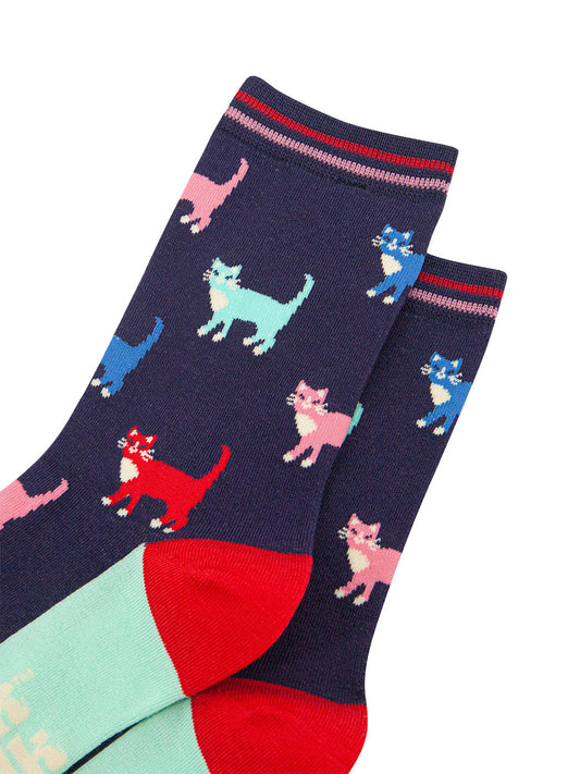 womens-bamboo-socks-navy-multi-cats-close-up-red-blue-pink-turquoise-colourful