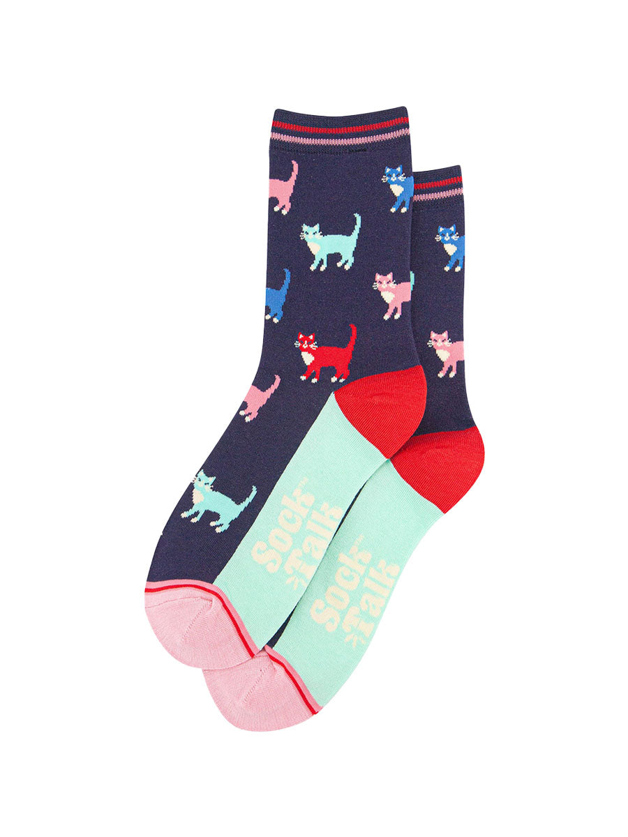 womens-bamboo-socks-navy-multi-cats-laying-flat