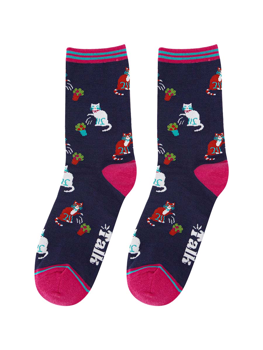 navy blue socks with pink heel, toe and trim featuring a funny cat print