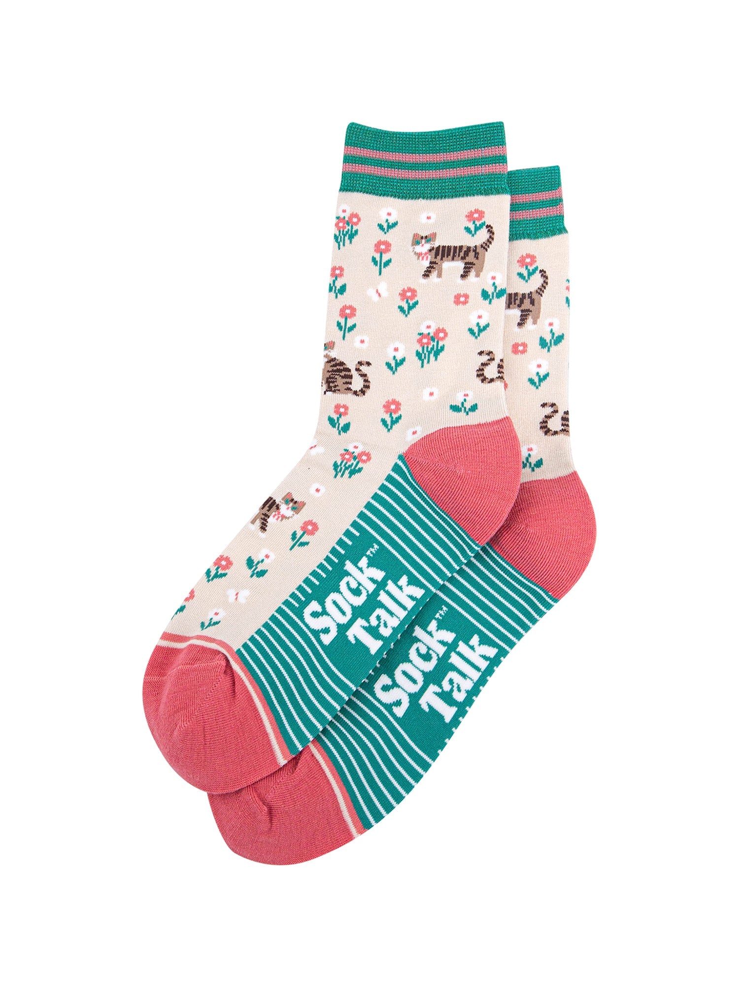 Tabby-Cat-Floral-Bamboo-Socks-in-Cream-Laid-Flat