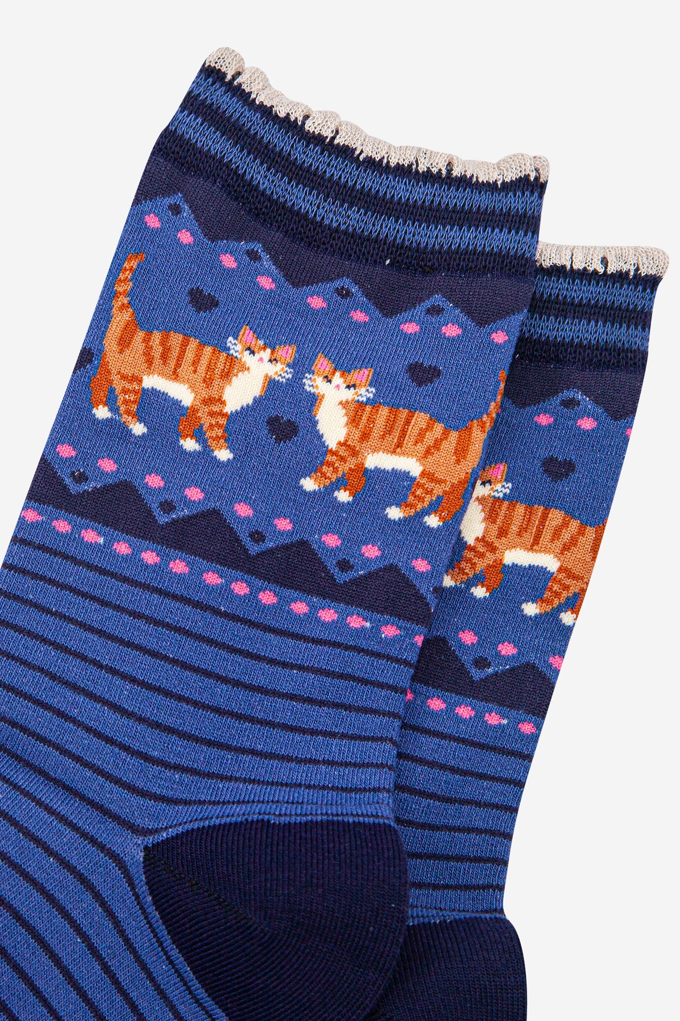 womens-bamboo-socks-denim-blue-navy-blue-ginger-cats-close-up