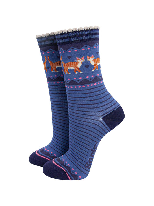 womens-bamboo-socks-denim-blue-navy-blue-ginger-cats-pets