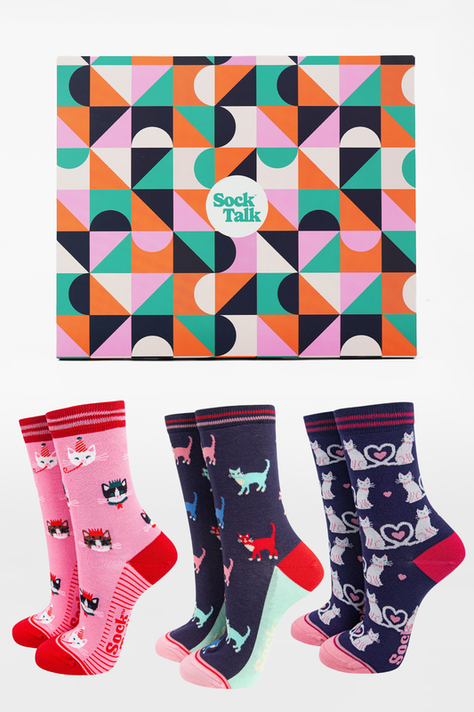 Women's Bamboo Ankle Socks Trio Gift Set - Navy Blue/Pink, Party Cats