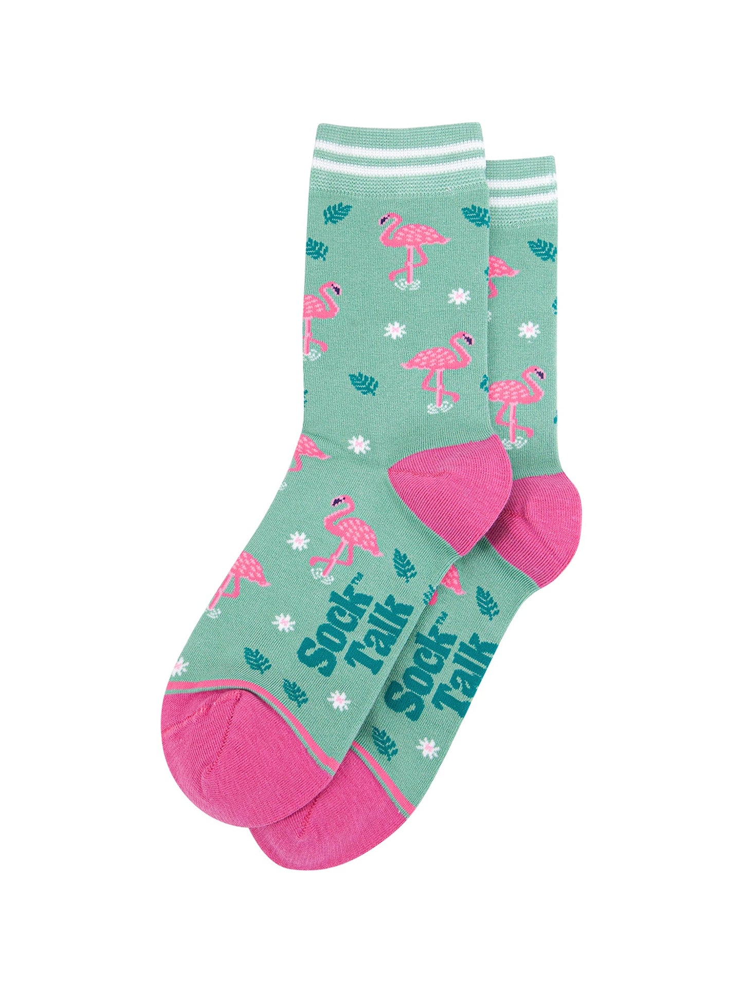 Standing-Flamingos-Bamboo-Socks-in-Green-Laid-Flat