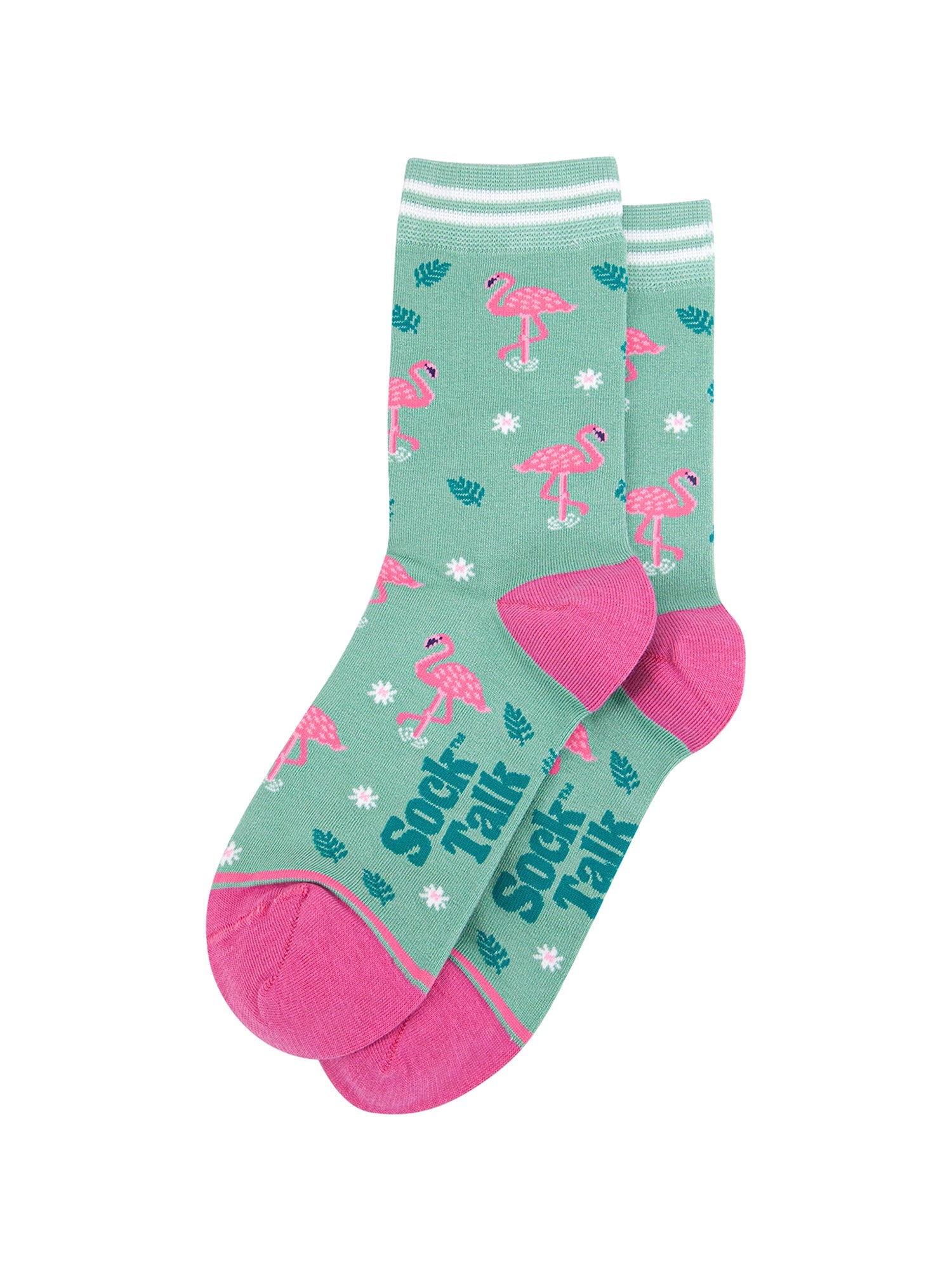Standing-Flamingos-Bamboo-Socks-in-Green-Laid-Flat