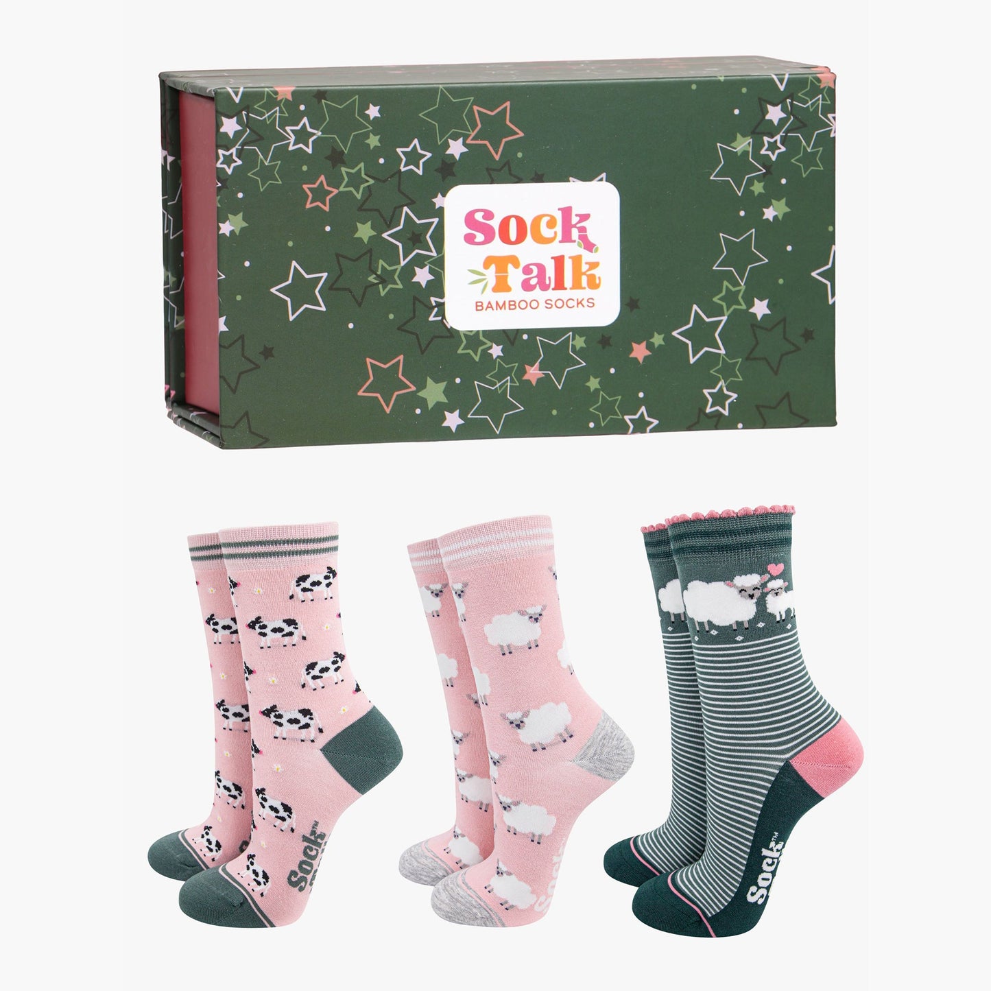 womens-socks-gift-box-pink-farm-animals-sheep-cows
