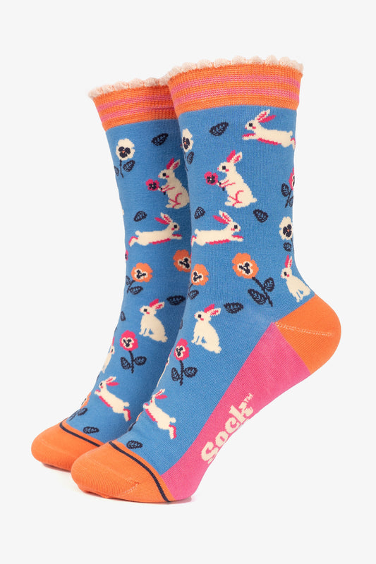 womens-bamboo-socks-blue-rabbit-and-flowers-pansies-colourful