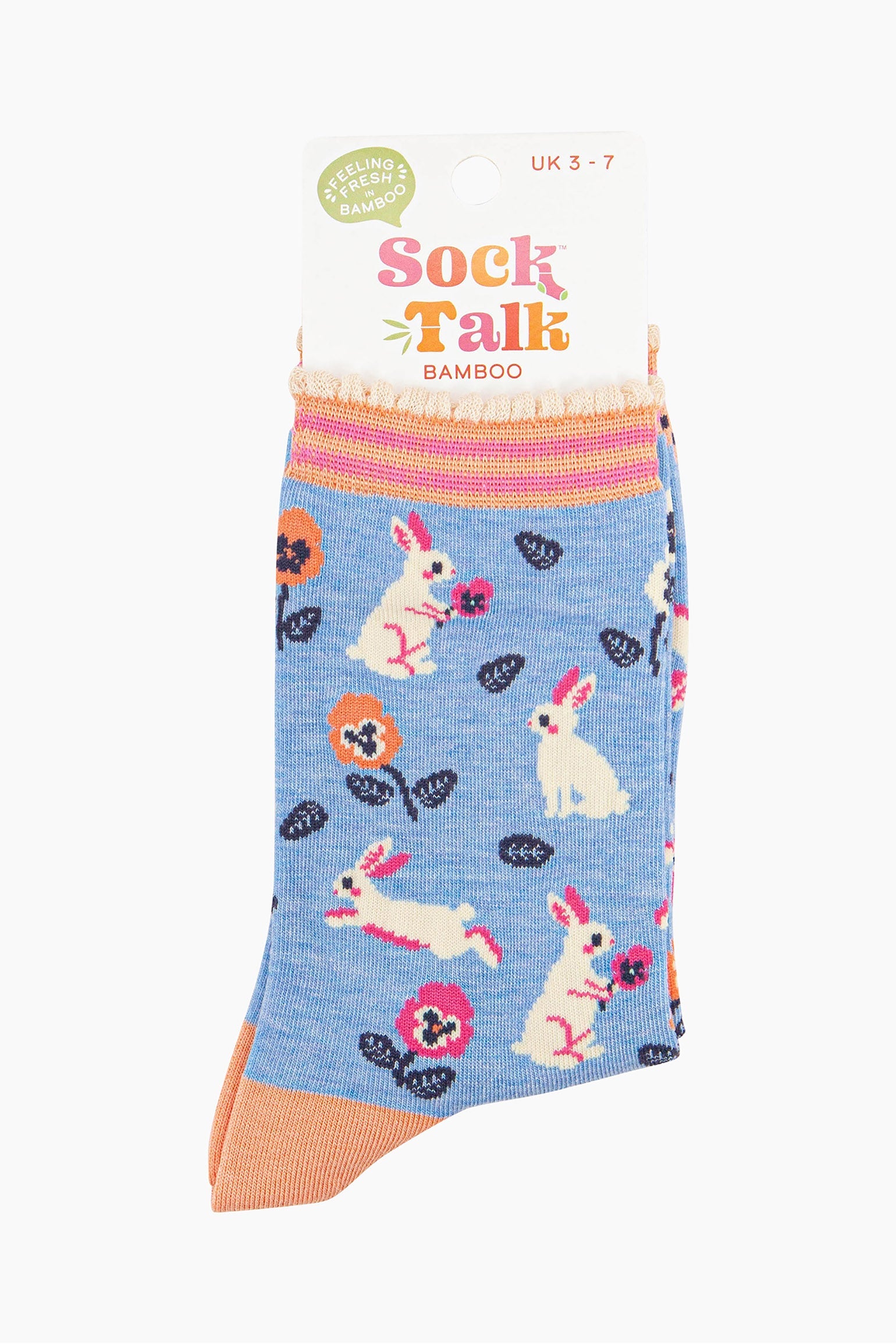 women's bamboo rabbit and flower socks in their sock talk packaging, the socks are a uk size 3-7.