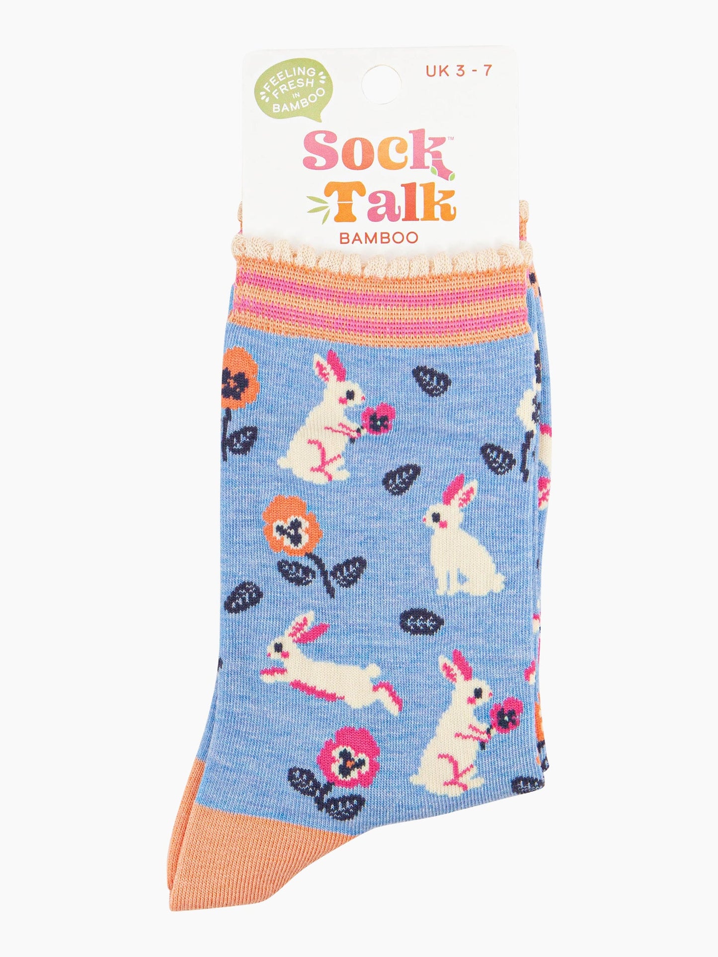 women's bamboo rabbit and flower socks in their sock talk packaging, the socks are a uk size 3-7.