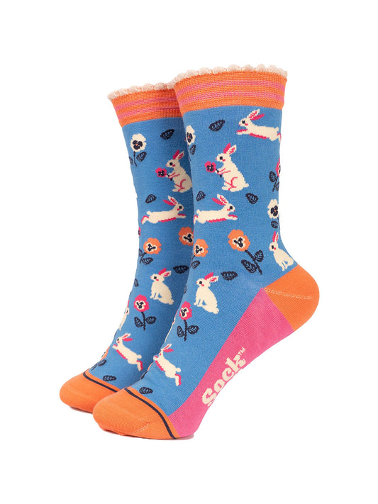 womens-bamboo-socks-blue-rabbit-and-flowers-pansies-colourful
