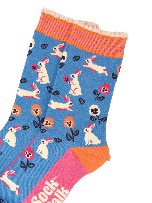 womens-bamboo-socks-blue-rabbit-and-flowers-close-up