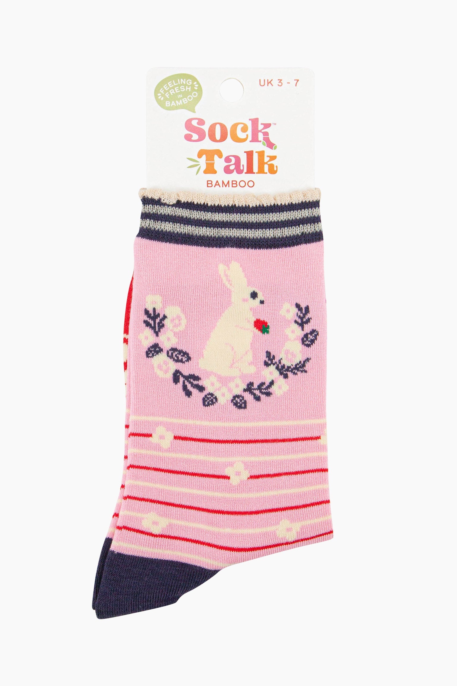 women's light pink rabbit wreath and strawberry wreath ankle socks in their sock talk packaging, the socks are a uk size 3-7.