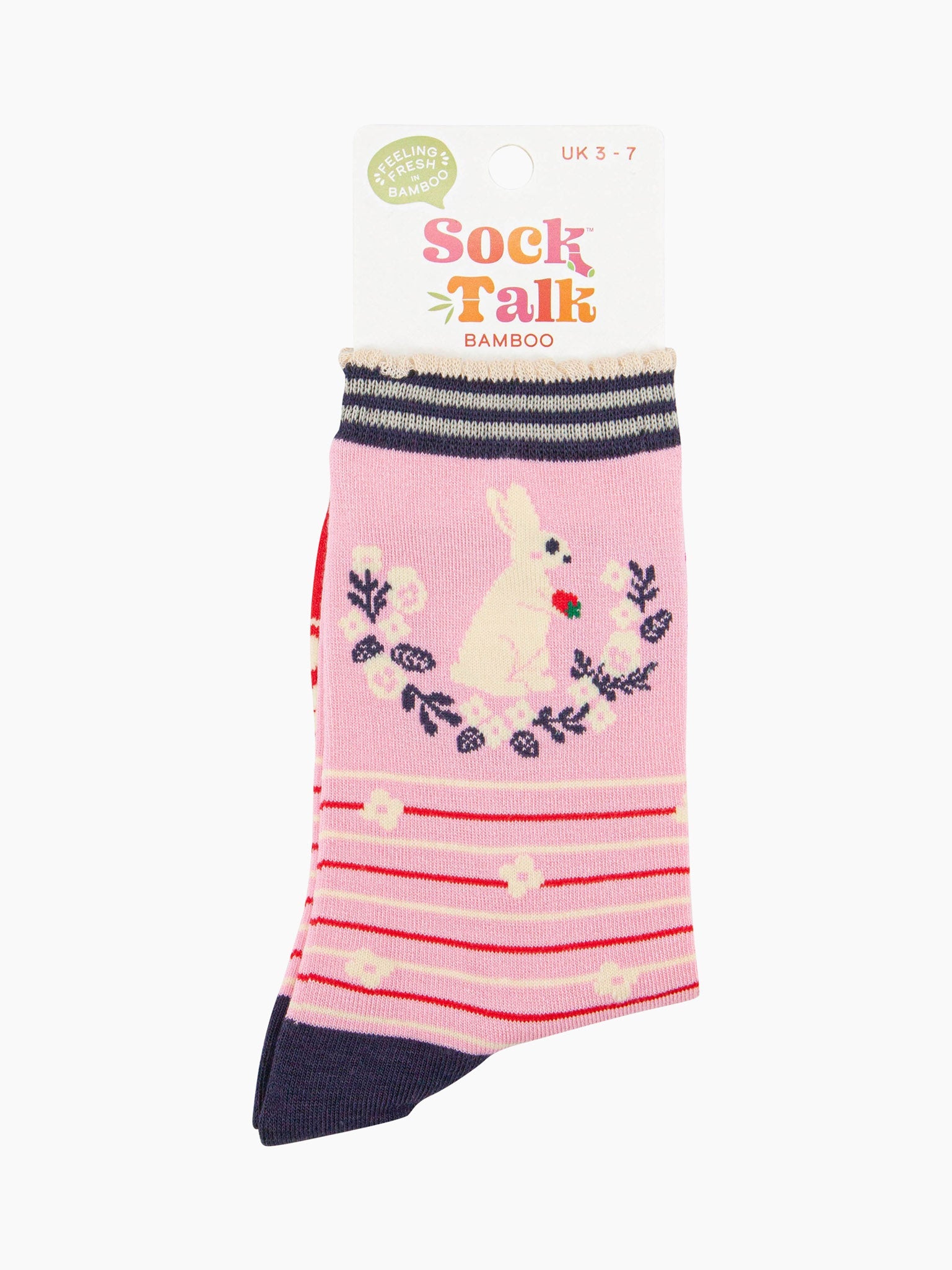 women's light pink rabbit wreath and strawberry wreath ankle socks in their sock talk packaging, the socks are a uk size 3-7.