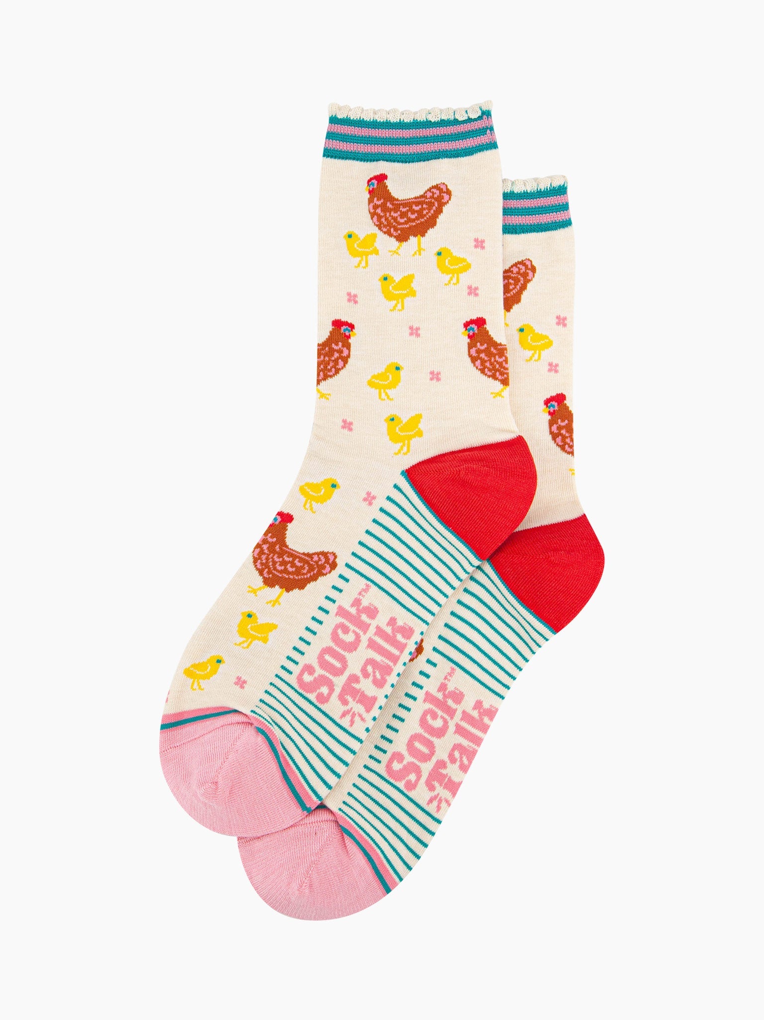the pair of striped hen and chicks socks laying flat, one on top of the other. showing clearly the repeating pattern on the body of the socks. 