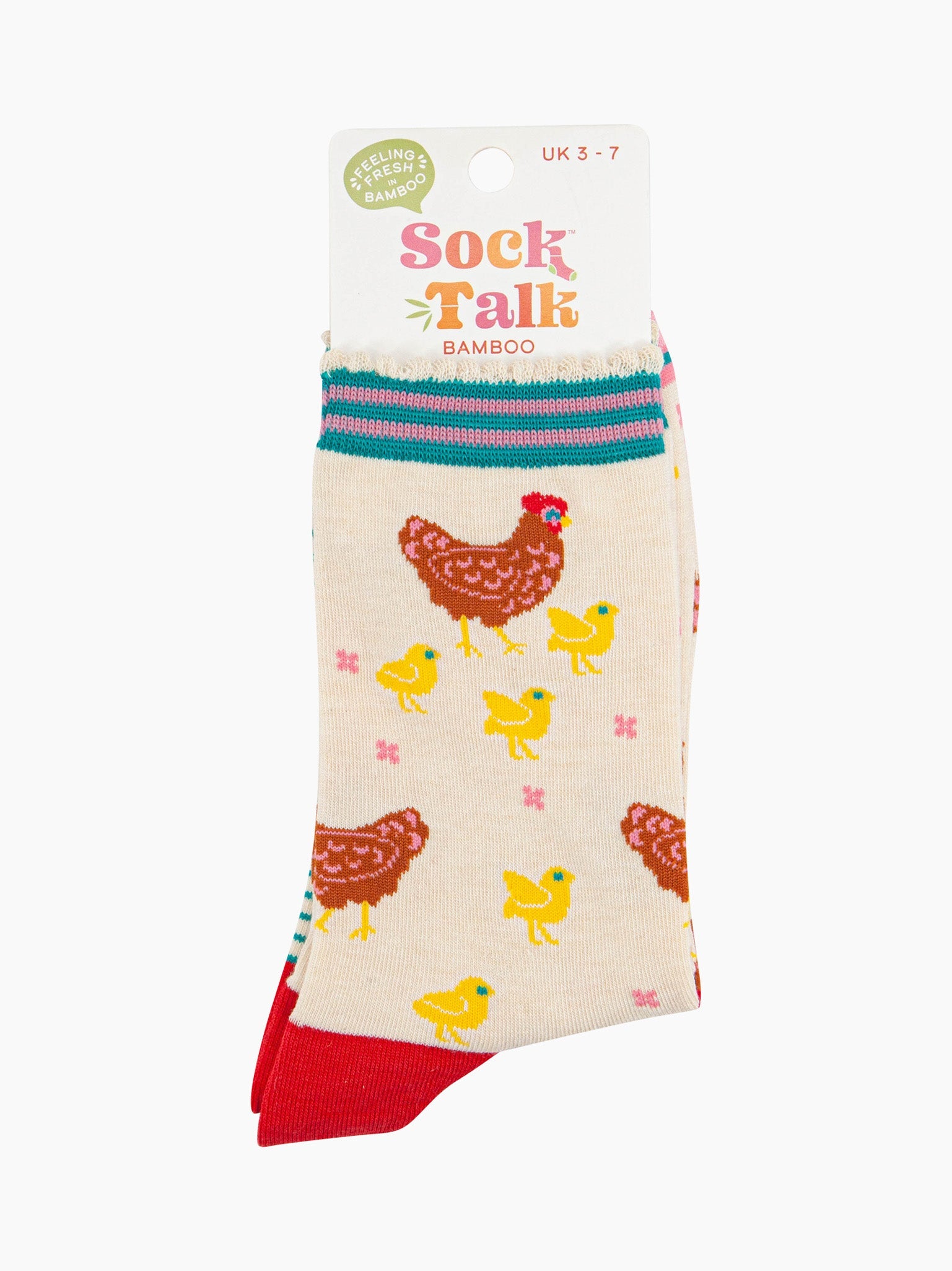 women's bamboo socks cream hen and chicks ankle socks in their sock talk packaging, the socks are a uk size 3-7