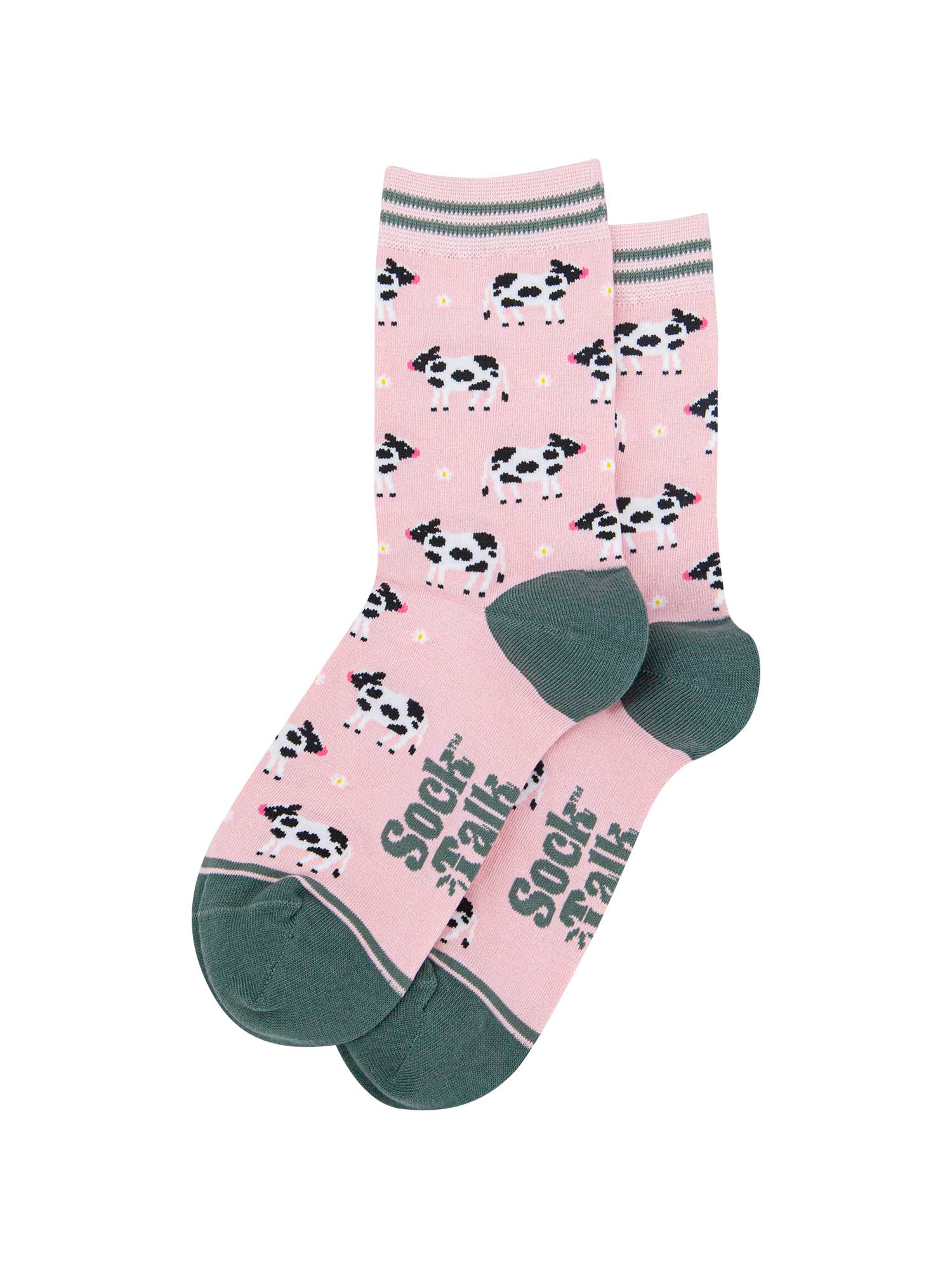 womens-bamboo-socks-light-pink-green-spring-cow-laying-flat