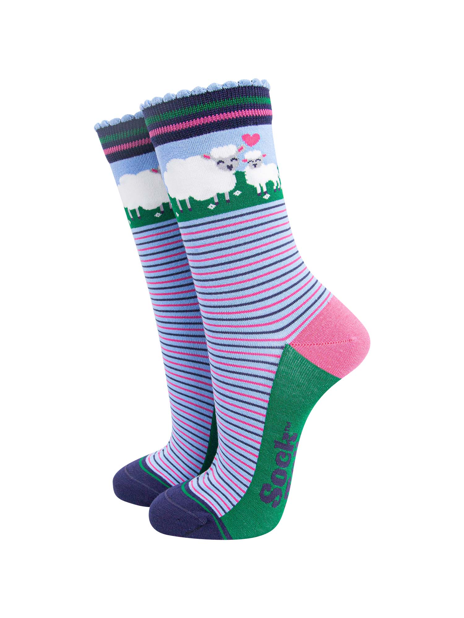 women's bamboo socks sheep and lamb. blue socks with pink and blue alternating horizontal pin stripes. the ankle features a mother sheep and baby lamb and a pink love heart.