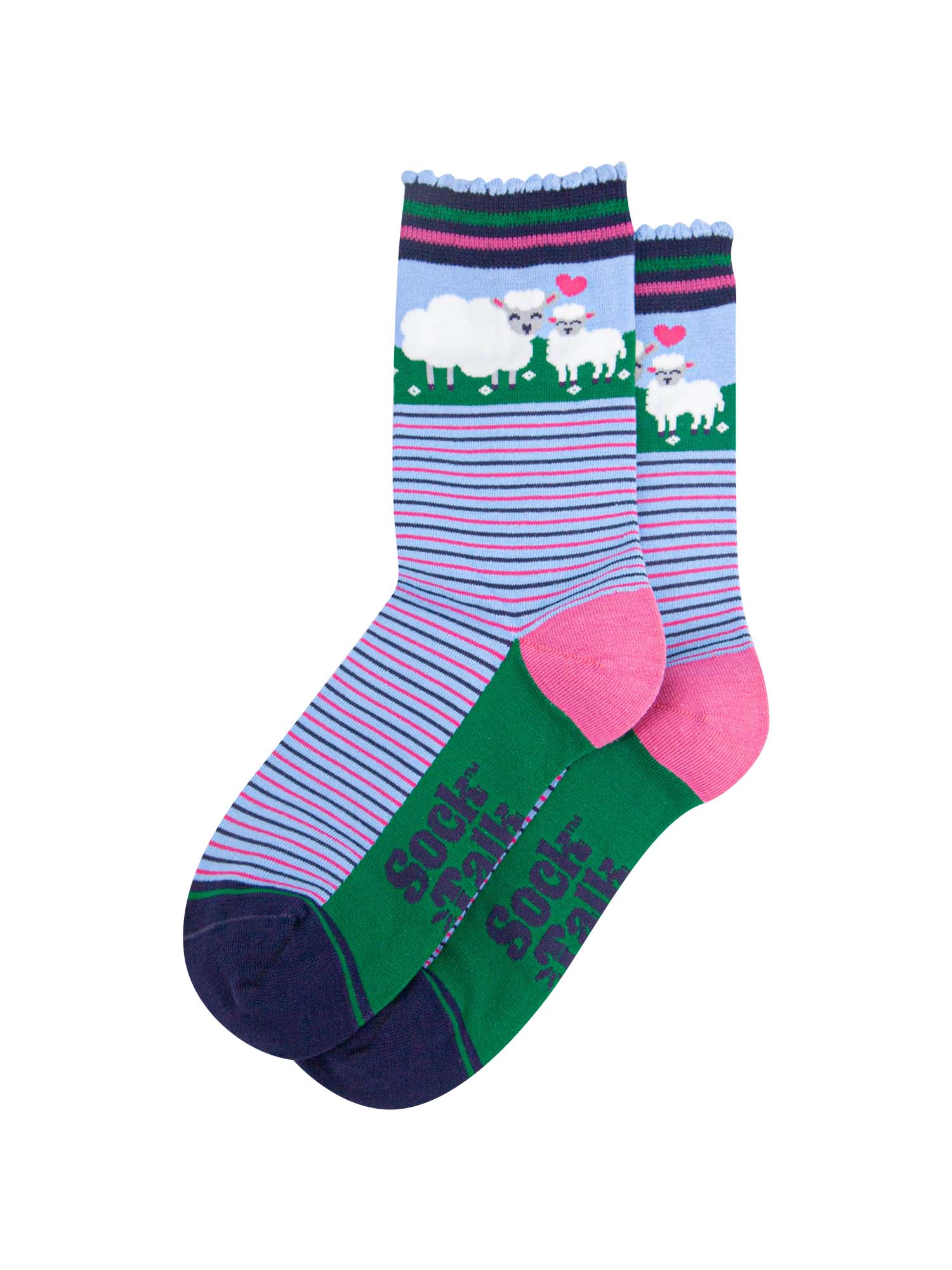 the pair of striped sheep and lamb socks laying flat, one on top of the other. showing clearly the alternating pink and blue pinstripe pattern on the body of the socks. the sheep and lamb feature on the ankle part of the design.