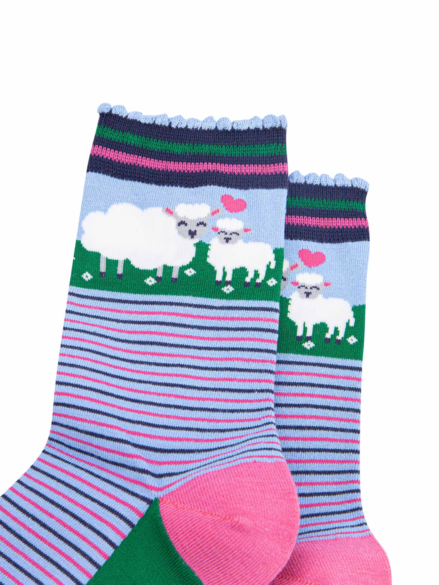 close up of the pattern, the ankle part of the socks features a white sheep and a baby lamb. between the animals is a pink love heart. the cuff of the socks is scalloped and has a pink and green stiped pattern.