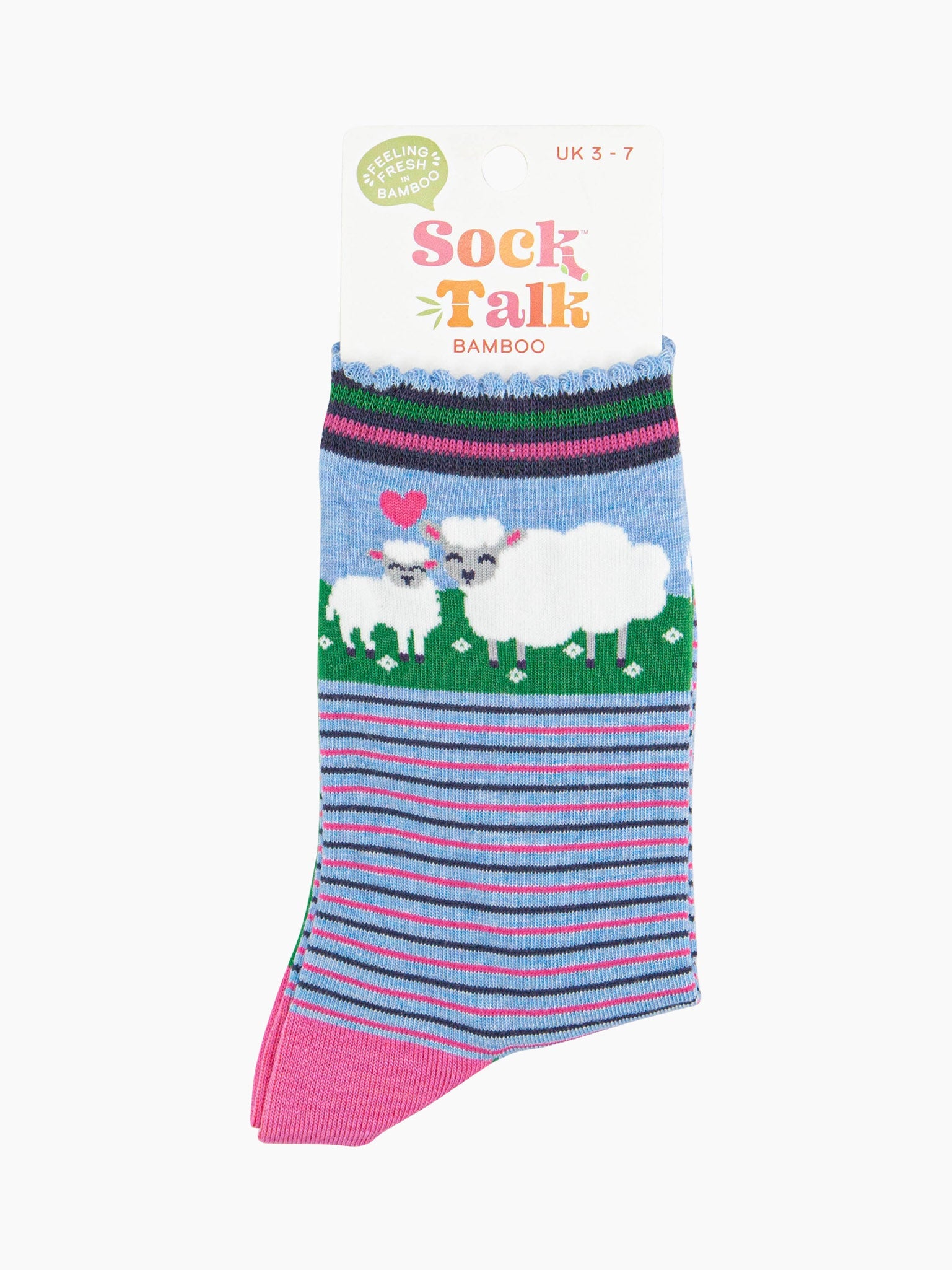 women's bamboo socks blue sheep and lamb ankle socks in their sock talk packaging, the socks are a uk size 3-7.