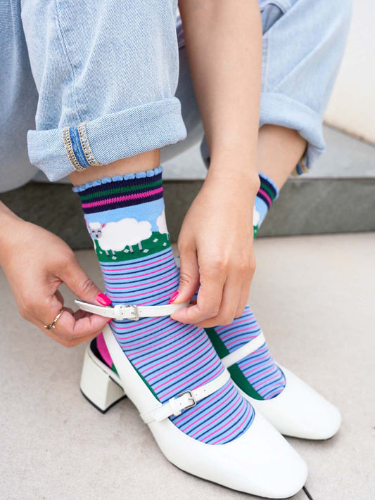 womens-bamboo-socks-blue-sheep-and-lamb-styled-with-mary-jane-pumps