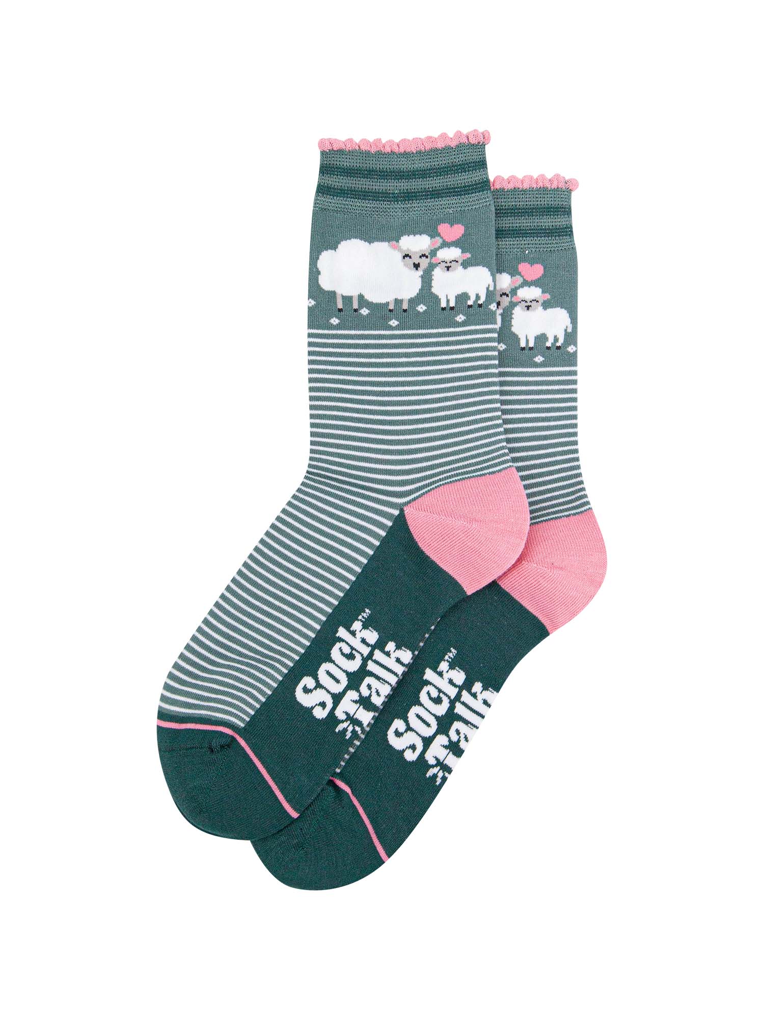 womens-bamboo-socks-green-pink-lambs-sheep-farm-animals
