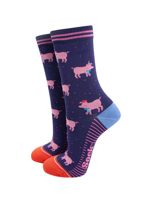 womens-bamboo-socks-navy-blue-orange-party-pigs-fun-animals