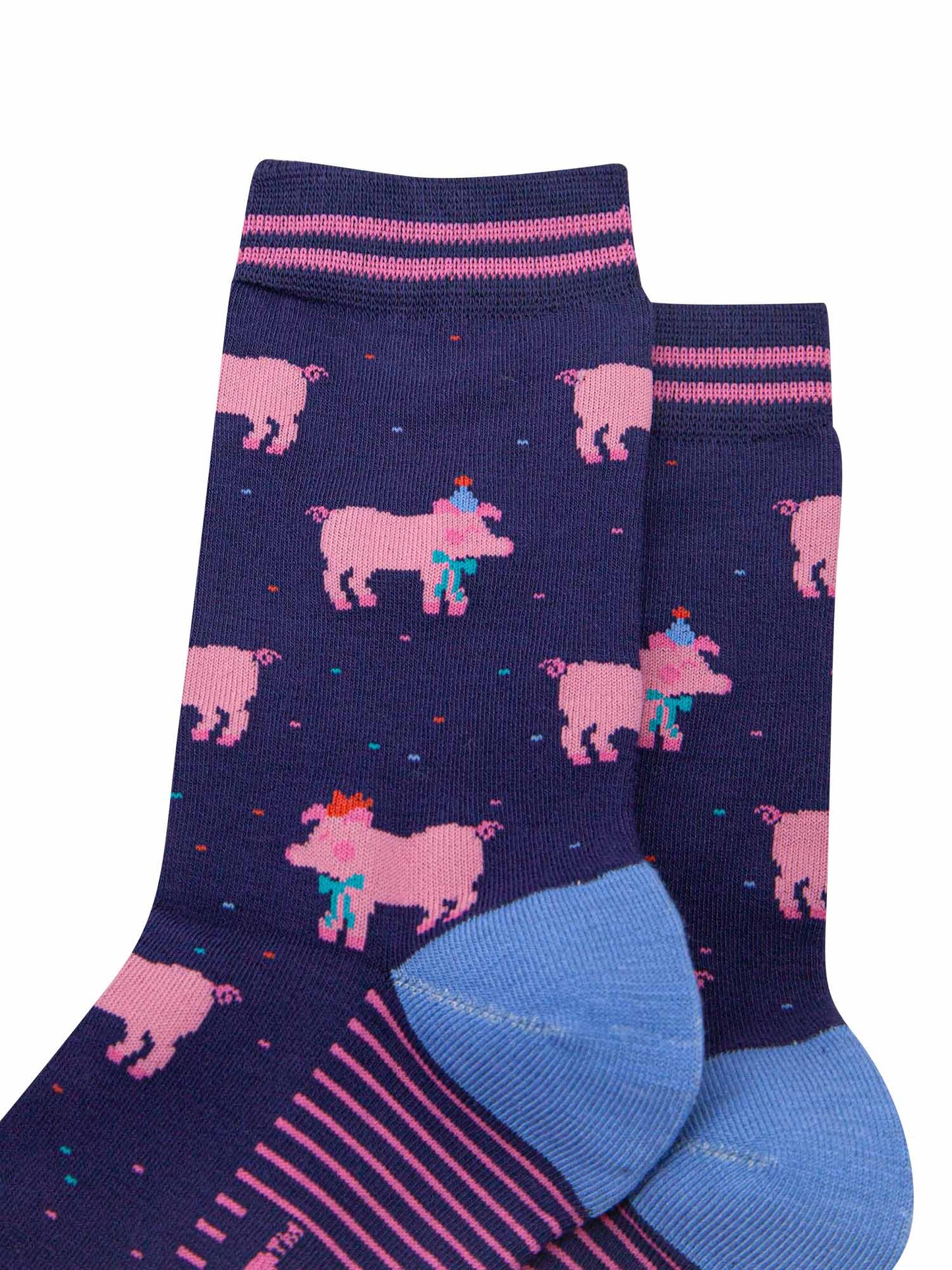 womens-bamboo-socks-navy-blue-orange-party-pigs-close-up
